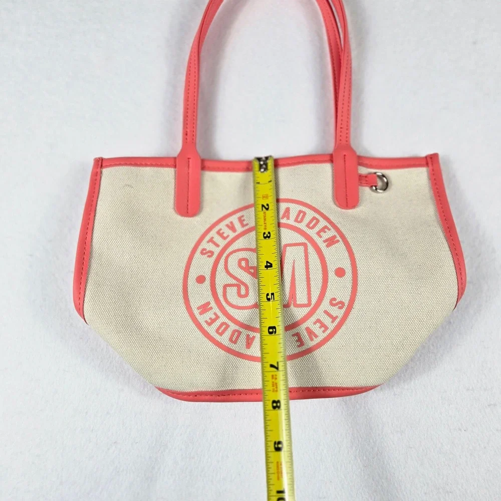 Steve Madden Canvas Tote Bag Womens Small Cream Pink Logo Casual (S10)